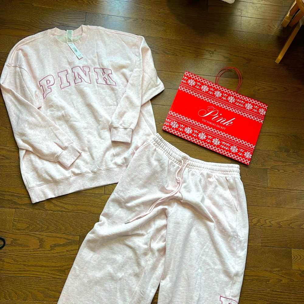 Victoria’s Secret pink, set  sweatshirt, and pants size large, NWT